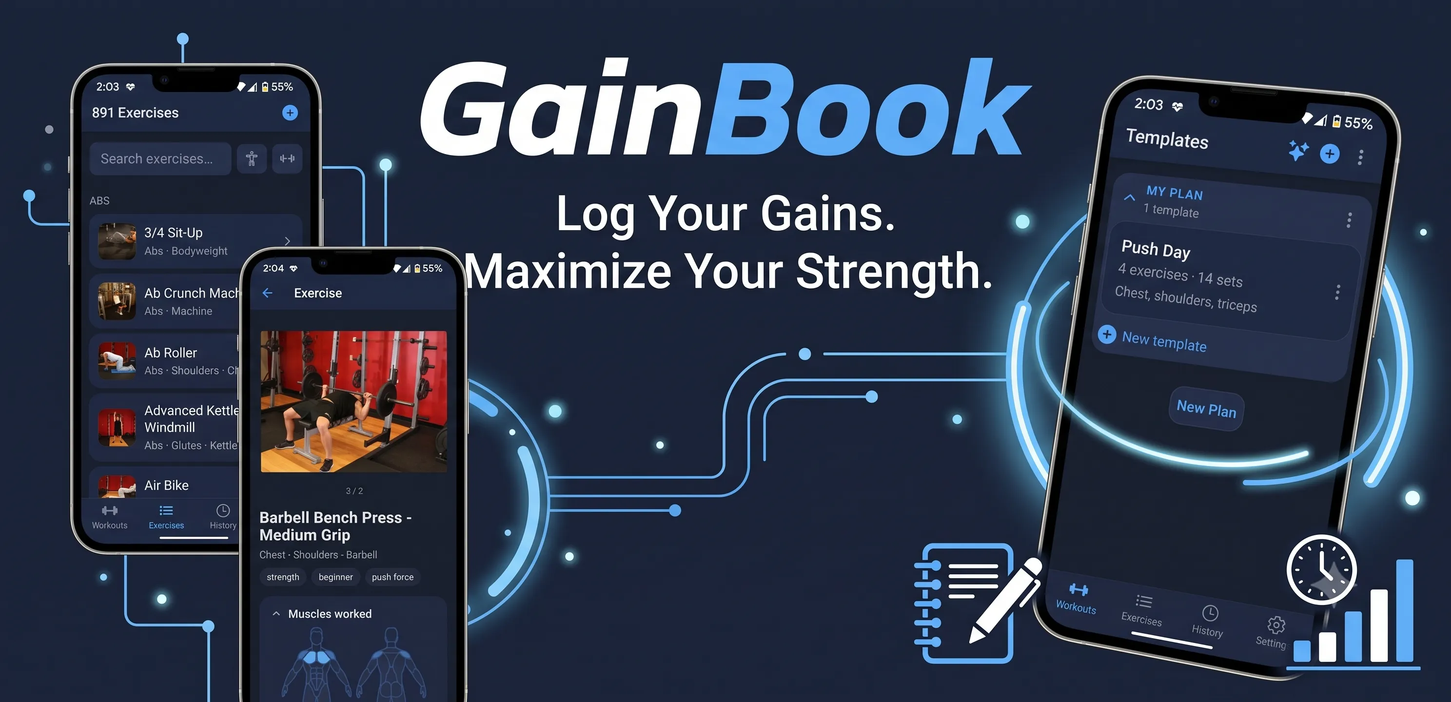GainBook — Log your gains. Maximize your strength. App screens for exercises, bench press details, and workout templates.