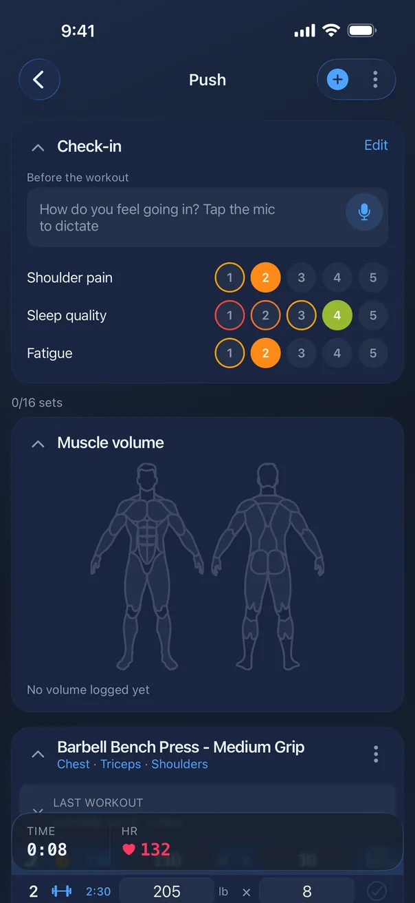 A just-started Push workout opening on its check-in card: fatigue, sleep quality and shoulder pain rated before the first set.