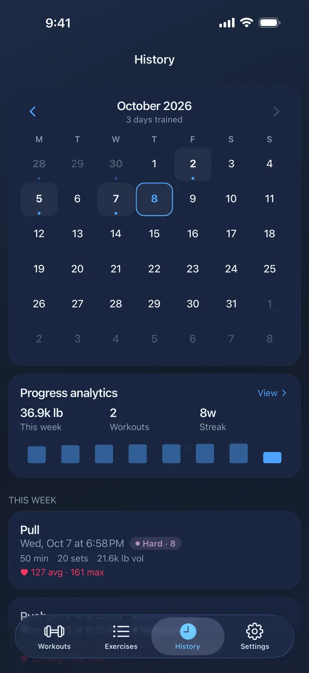 History: a month calendar with trained days marked, a progress card, and this week's sessions.